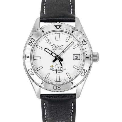 Orologio da uomo Orient Mako 40 Peanuts Limited Edition con cinturino in pelle e quadrante bianco, automatico, subacqueo, RA-AC0Q08S, 200 m