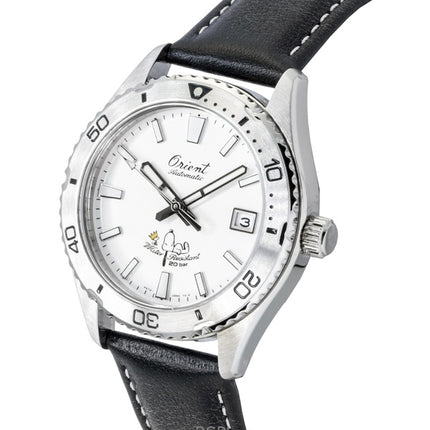Orologio da uomo Orient Mako 40 Peanuts Limited Edition con cinturino in pelle e quadrante bianco, automatico, subacqueo, RA-AC0Q08S, 200 m