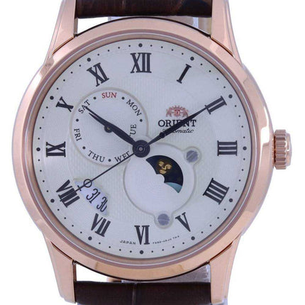 Orologio da uomo automatico RA-AK0007S00C con cinturino in pelle quadrante champagne Orient Sun & Moon