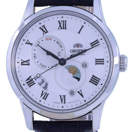 Orologio da uomo automatico RA-AK0008S00C con cinturino in pelle quadrante bianco Orient Sun & Moon
