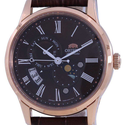 Orologio da uomo automatico RA-AK0009T00C con cinturino in pelle quadrante marrone Orient Sun & Moon
