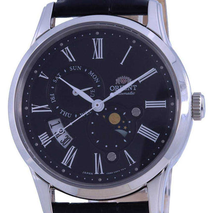 Orologio da uomo Orient Sun & Moon quadrante nero con cinturino in pelle automatico RA-AK0010B00C