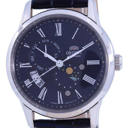 Orologio da uomo automatico RA-AK0011D00C con cinturino in pelle quadrante blu Orient Sun & Moon