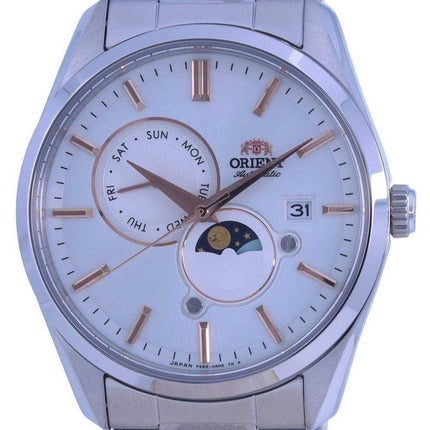 Orologio da uomo automatico RA-AK0306S00C con quadrante bianco Orient Sun & Moon in acciaio inossidabile