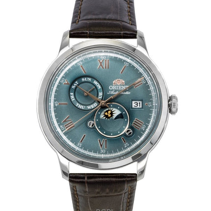 Orologio da uomo Orient Classic Sun and Moon con cinturino in pelle e quadrante verde, automatico, RA-AK0805E