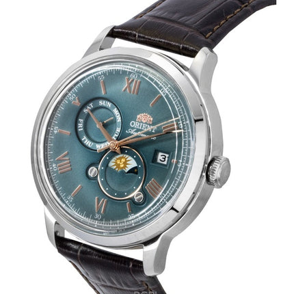 Orologio da uomo Orient Classic Sun and Moon con cinturino in pelle e quadrante verde, automatico, RA-AK0805E