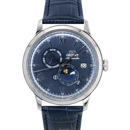 Orologio da uomo Orient Classic Sun and Moon con cinturino in pelle e quadrante blu navy, automatico RA-AK0806L