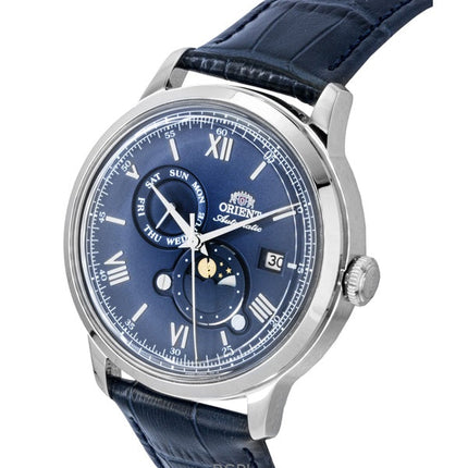 Orologio da uomo Orient Classic Sun and Moon con cinturino in pelle e quadrante blu navy, automatico RA-AK0806L