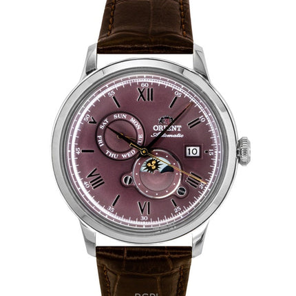 Orologio da uomo Orient Classic Sun and Moon con cinturino in pelle e quadrante Bordeaux, automatico RA-AK0807R