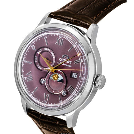 Orologio da uomo Orient Classic Sun and Moon con cinturino in pelle e quadrante Bordeaux, automatico RA-AK0807R
