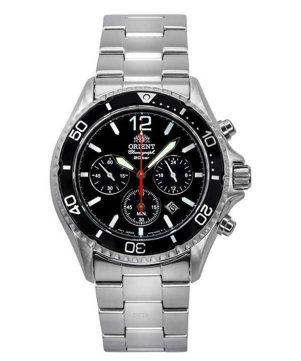 Orologio da uomo Orient Chronograph in acciaio inossidabile con quadrante nero e solare subacqueo RA-TX0202B10B 200M