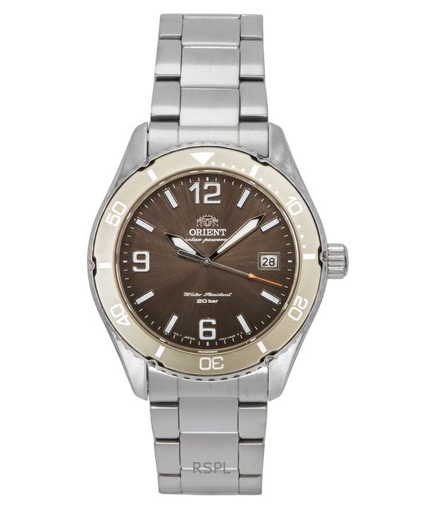 Orologio da uomo Orient Mako III in acciaio inossidabile con quadrante marrone e solare subacqueo RA-WJ0004Y 200M