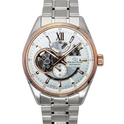 Orologio da uomo Orient Star Contemporary in acciaio inossidabile con quadrante scheletrato avorio automatico RE-AV0123G 100M