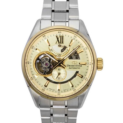 Orologio da uomo Orient Star Contemporary in acciaio inossidabile con quadrante champagne e scheletro automatico RE-AV0124G 100M