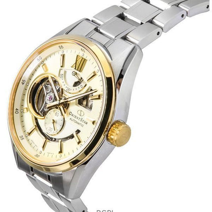 Orologio da uomo Orient Star Contemporary in acciaio inossidabile con quadrante champagne e scheletro automatico RE-AV0124G 100M