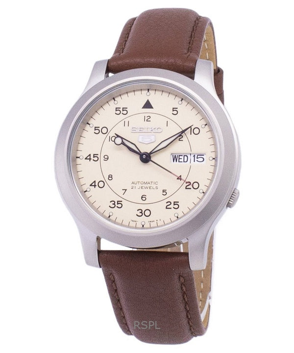 Orologio da uomo Seiko 5 Military ricondizionato con cinturino in pelle marrone automatico SNK803K2-var-SS5