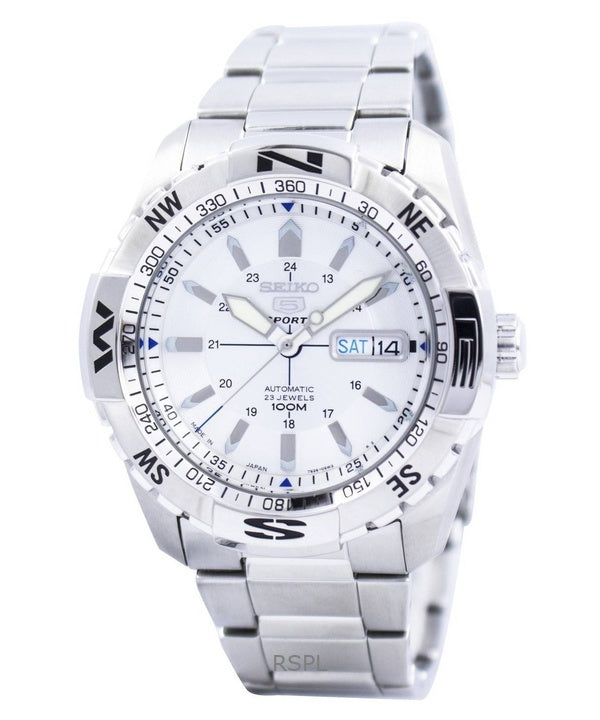 Orologio da uomo Seiko 5 Sports ricondizionato con quadrante argento automatico 23 gioielli, prodotto in Giappone, SNZJ03J1
