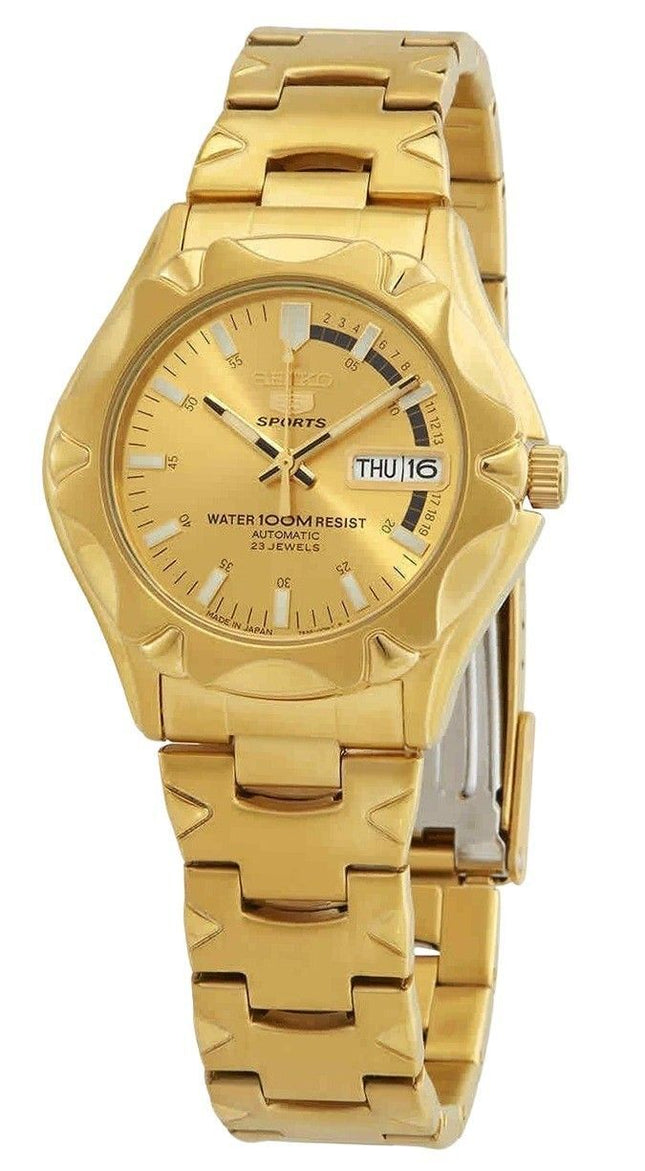Orologio da uomo Seiko 5 Sports ricondizionato, in acciaio inossidabile color oro con quadrante dorato, automatico SNZ450J1 100M