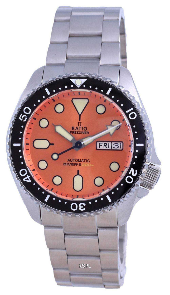 Orologio da uomo Ratio FreeDiver quadrante arancione cristallo di zaffiro acciaio inossidabile automatico RTA114 200M