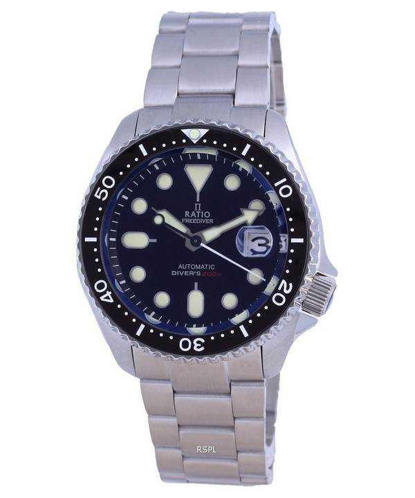 Orologio da uomo Ratio FreeDiver quadrante nero cristallo di zaffiro acciaio inossidabile automatico RTB200 200M