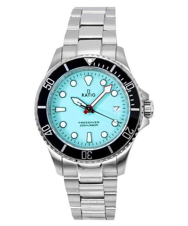 Orologio da uomo Ratio FreeDiver Sapphire in acciaio inossidabile con quadrante blu ghiaccio al quarzo RTF032 200M
