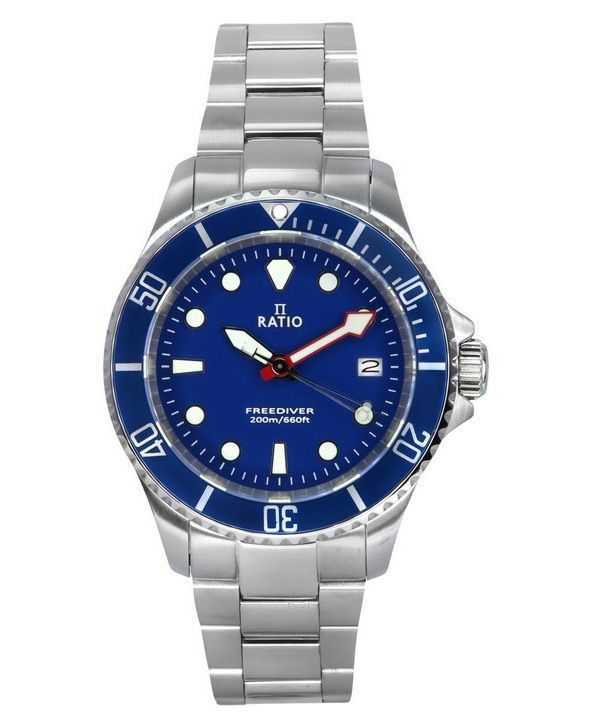 Orologio da uomo Ratio FreeDiver Sapphire in acciaio inossidabile con quadrante blu al quarzo RTF033 200M