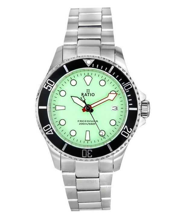 Orologio da uomo Ratio FreeDiver Sapphire in acciaio inossidabile con quadrante verde al quarzo RTF039 200M