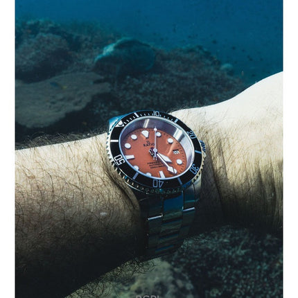 Orologio da uomo Ratio FreeDiver Sapphire in acciaio inossidabile con quadrante arancione, automatico RTF045 200M, ricondizionato