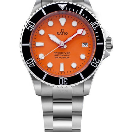 Orologio da uomo Ratio FreeDiver Sapphire in acciaio inossidabile con quadrante arancione, automatico RTF045 200M, ricondizionato