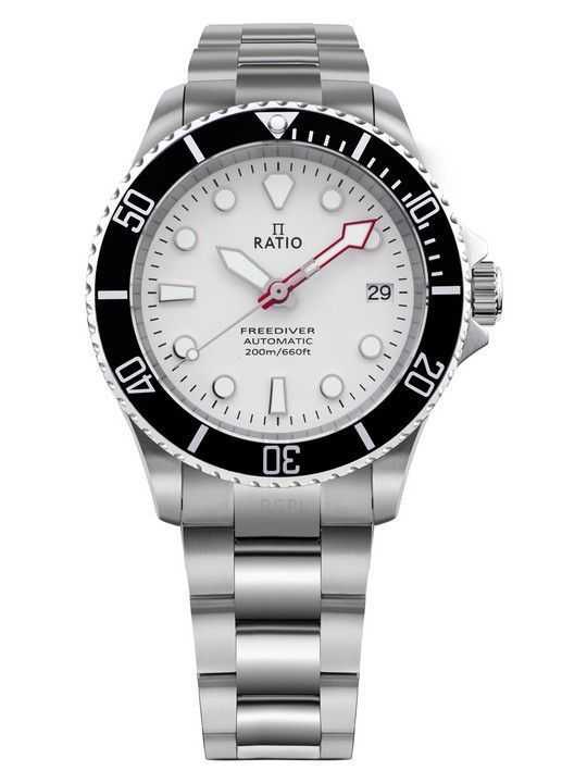 Orologio da uomo Ratio FreeDiver Sapphire in acciaio inossidabile con quadrante bianco automatico RTF047 200M