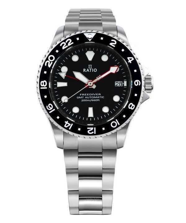 Orologio da uomo Ratio FreeDiver GMT serie zaffiro in acciaio inossidabile quadrante nero automatico RTF051 200M
