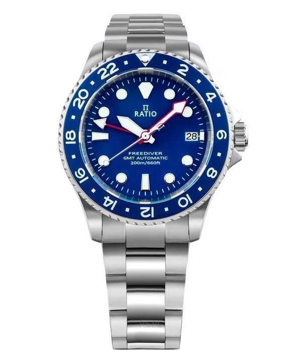 Orologio da uomo Ratio FreeDiver GMT serie zaffiro in acciaio inossidabile quadrante blu automatico RTF053 200M