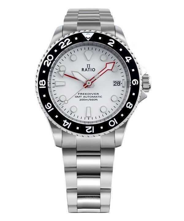 Orologio da uomo Ratio FreeDiver GMT serie zaffiro in acciaio inossidabile quadrante bianco automatico RTF057 200M