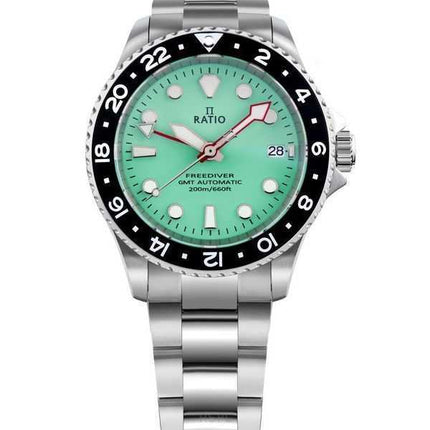Orologio da uomo Ratio FreeDiver GMT serie zaffiro in acciaio inossidabile quadrante verde automatico RTF059 200M