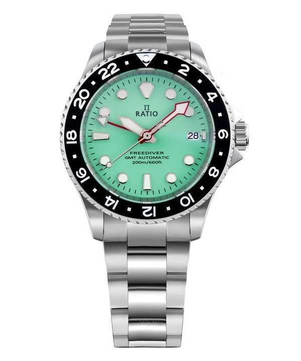 Orologio da uomo Ratio FreeDiver GMT serie zaffiro in acciaio inossidabile quadrante verde automatico RTF059 200M