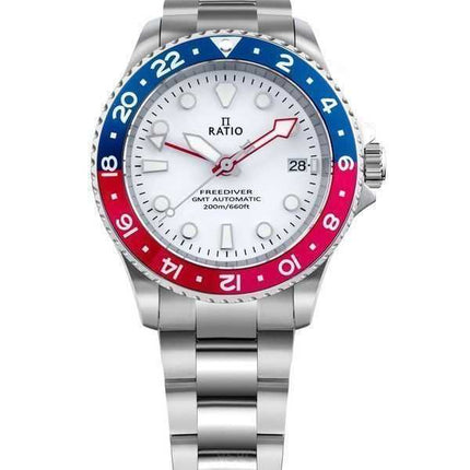 Orologio da uomo Ratio FreeDiver GMT serie zaffiro in acciaio inossidabile quadrante bianco blu rosso lunetta Pepsi automatico R