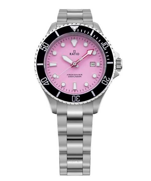 Orologio da donna Ratio FreeDiver Sapphire in acciaio inossidabile con quadrante rosa caramella al quarzo RTFL809 200M