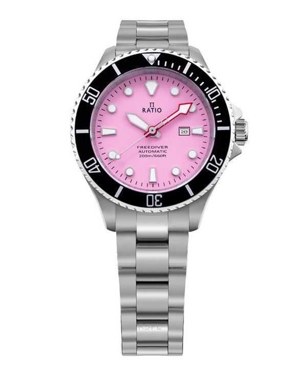 Orologio da donna Ratio FreeDiver Sapphire in acciaio inossidabile con quadrante rosa caramella automatico RTFL839 200M