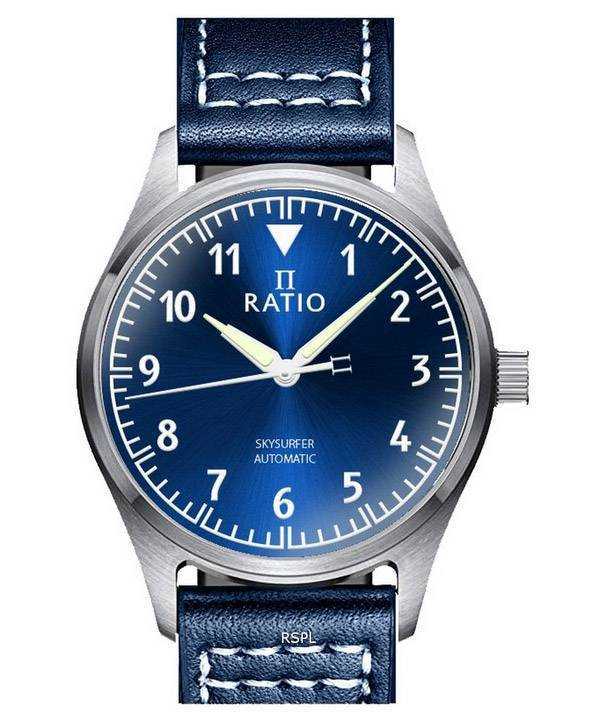 Orologio da uomo automatico Ratio Skysurfer Pilot in pelle con quadrante blu Sunray RTS302 200M