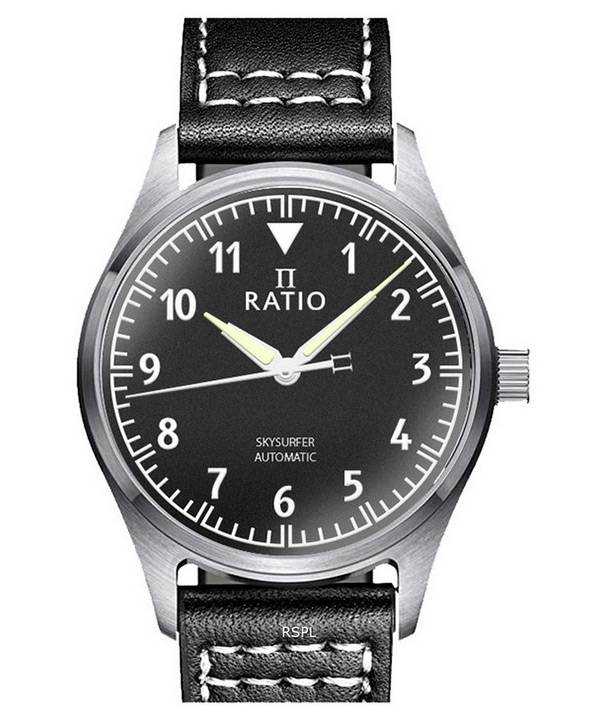 Orologio da uomo automatico Ratio Skysurfer Pilot con quadrante nero strutturato in pelle RTS303 200M