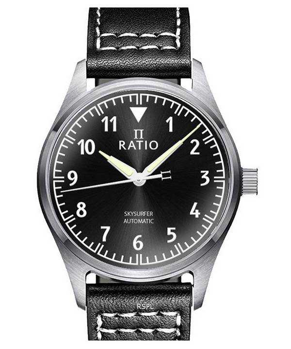 Orologio da uomo automatico Ratio Skysurfer Pilot in pelle con quadrante nero Sunray RTS305 200M