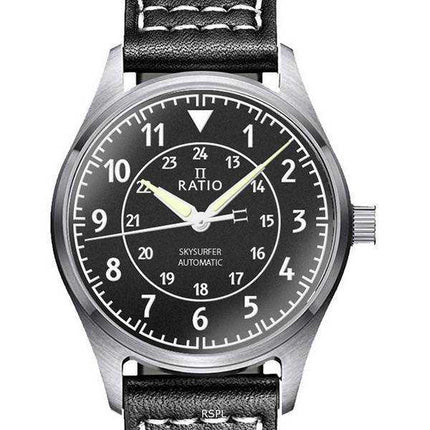 Orologio da uomo automatico Ratio Skysurfer Pilot in pelle con quadrante nero strutturato RTS310 200M