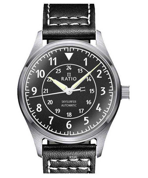 Orologio da uomo automatico Ratio Skysurfer Pilot in pelle con quadrante nero strutturato RTS310 200M