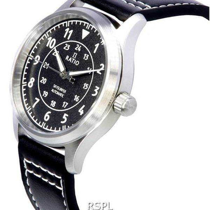 Orologio da uomo automatico Ratio Skysurfer Pilot in pelle con quadrante nero strutturato RTS310 200M