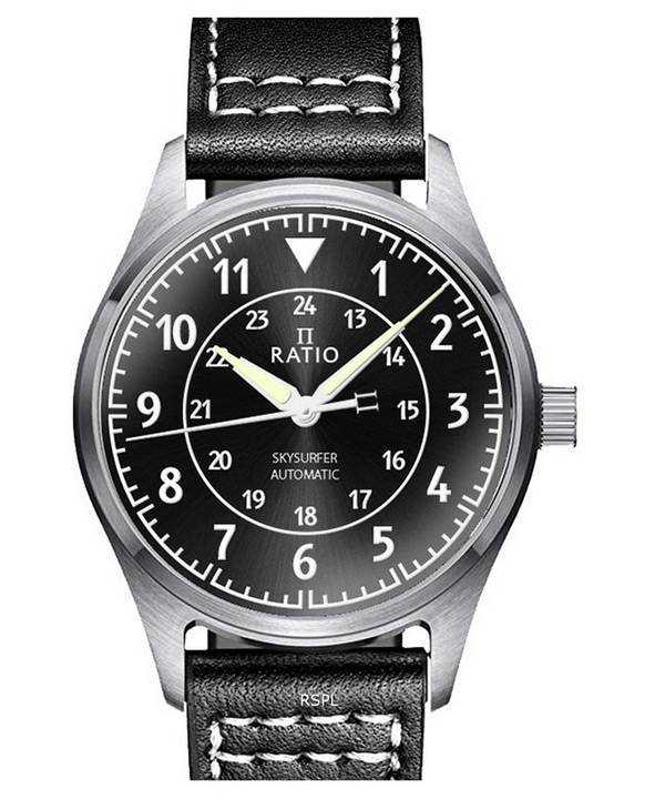 Orologio da uomo automatico Ratio Skysurfer Pilot in pelle con quadrante nero Sunray RTS314 200M