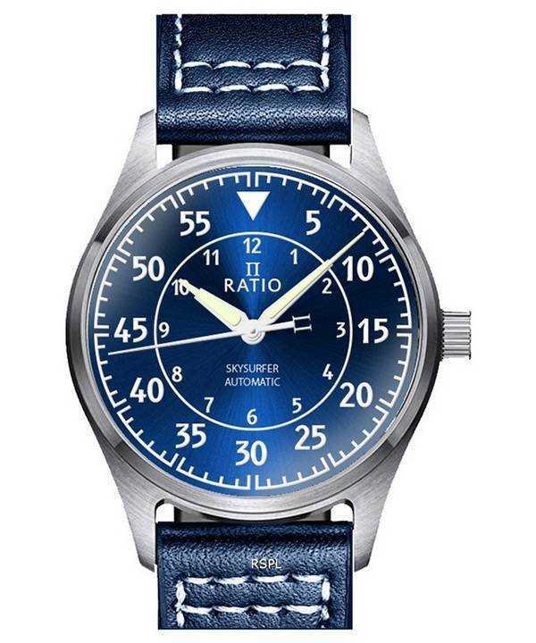 Orologio da uomo automatico Ratio Skysurfer Pilot in pelle con quadrante blu Sunray RTS318 200M
