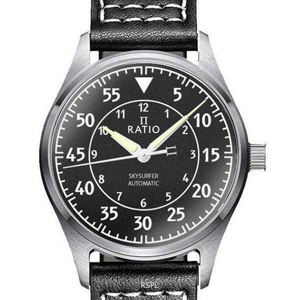 Orologio da uomo automatico Ratio Skysurfer Pilot in pelle con quadrante nero strutturato RTS320 200M