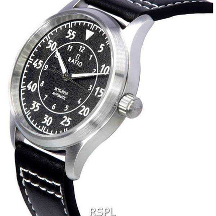 Orologio da uomo automatico Ratio Skysurfer Pilot in pelle con quadrante nero strutturato RTS320 200M