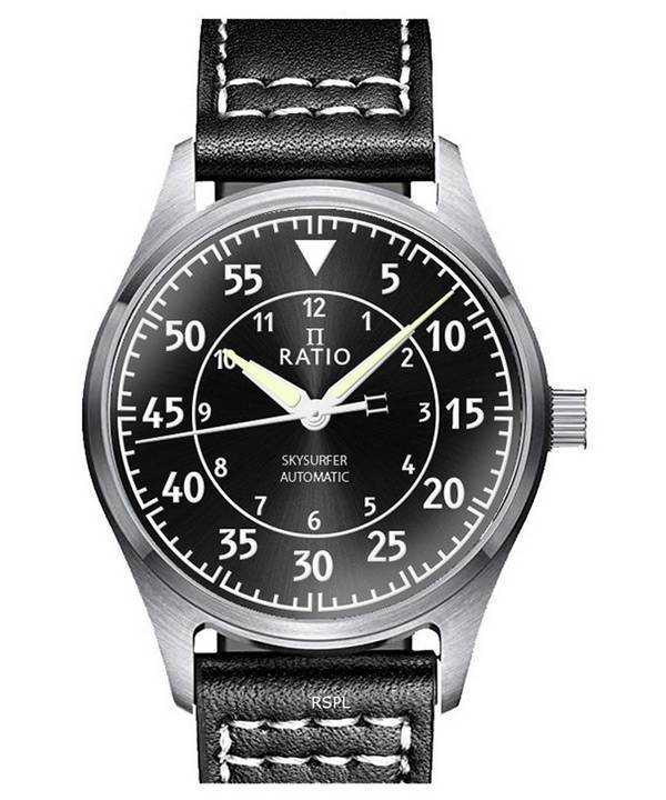 Orologio da uomo automatico Ratio Skysurfer Pilot in pelle con quadrante nero Sunray RTS321 200M