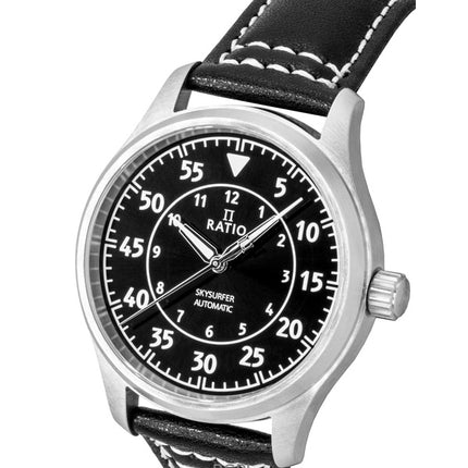 Orologio da uomo automatico Ratio Skysurfer Pilot in pelle con quadrante nero Sunray RTS321 200M